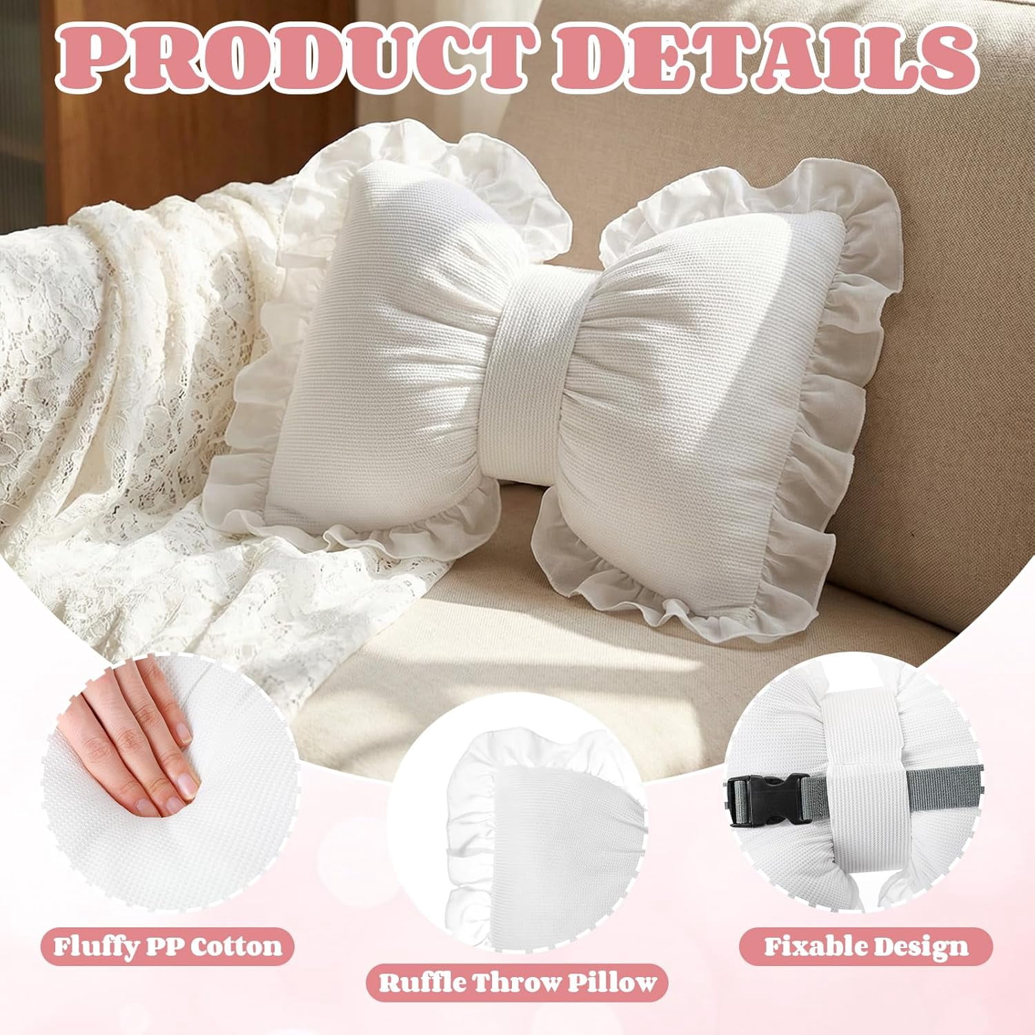 Bow Shaped Pillows, 2 Pcs Decorative Lace Bow Lumbar Pillow 16x13 Inches, Soft Car Backrest Cushion for Bed Sofa Couch Home Decor