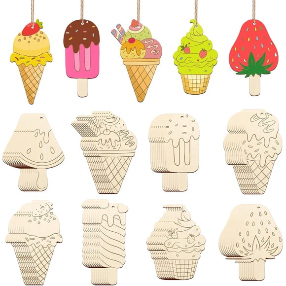 YSTIANN DIY Ice Cream Wood Craft Kit - 8 Styles Unfinished Hanging Decor for Summer Crafting (48 Pieces) AZ78-5987