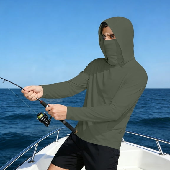LEKWK Fishing Shirts for Men UPF 51 Long Sleeve Sun Hoodie with Face Cover Lightweight Quick Dry Thumb Holes Sun Shirts for Summer Hiking Outdoor