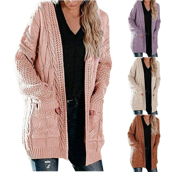 Lovskoo 2024 Cardigan Sweaters for Women Long Sleeve Medium Length Dough Twists Pocket Knitted Cardigan Coat Beige
