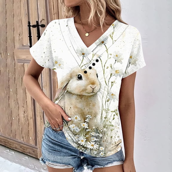 AOOCHASLIY Womens Tee Clothess Trendy Women Easter Bunny Print Short-Sleeved Round Neck Novelty Graphic Tops