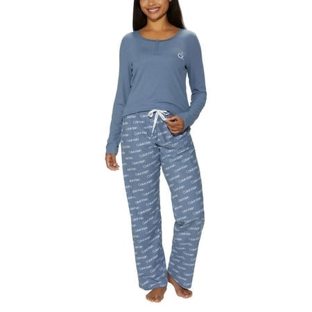 Calvin Klein Womens 2 Piece Fleece Pajama Set (Blue,Medium)