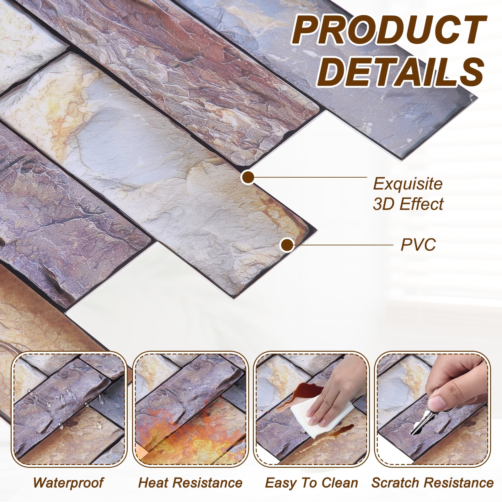 Uxcell 10Pcs Peel and Stick Backsplash Tiles 10.6" x 10.6" 3D Thickened Stone Texture Self-Adhesive Tile Stickers Wallpaper Wall for Kitchen Bathroom Bedroom, Brown Gray