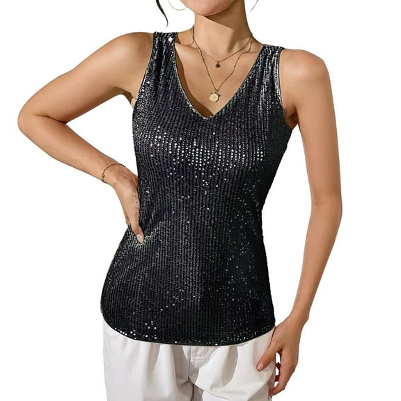 WTOBBY Women Sexy Sequin Tank Tops Spring Summer Fashion Sparkly Sleeveless Shirts Party Glitter Scoop Neck Tops, Perfect for Going Out or Special Events, Glamorous and Eye-Catching,Black L