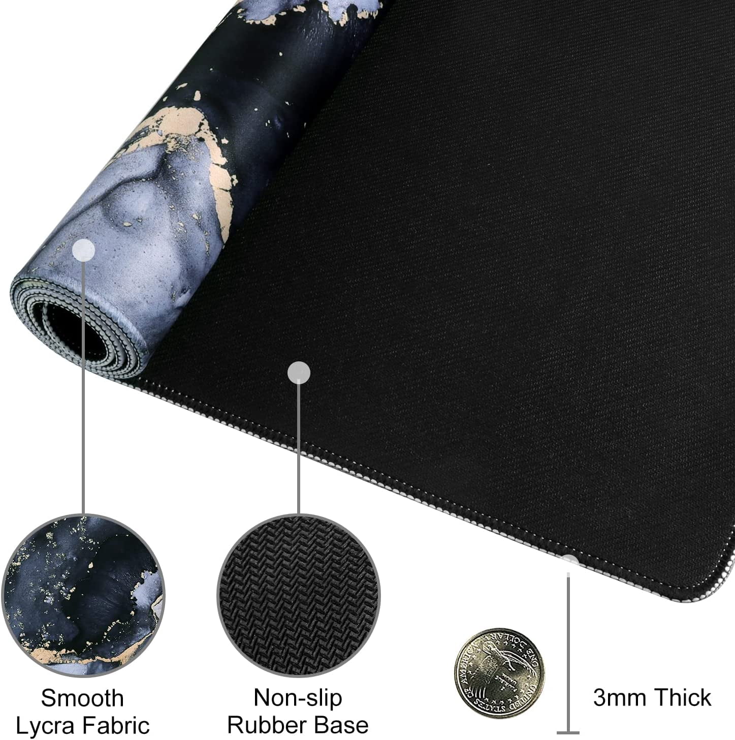 Extended Gaming Mouse Pad, Non-Slip Water-Resistant Rubber Base Computer Keyboard Mouse Mat Desk Protector, 35.5x15.75-inch 3mm Thick XX-Large, Ideal Partner for Work & Game (Dark Blue Marble)