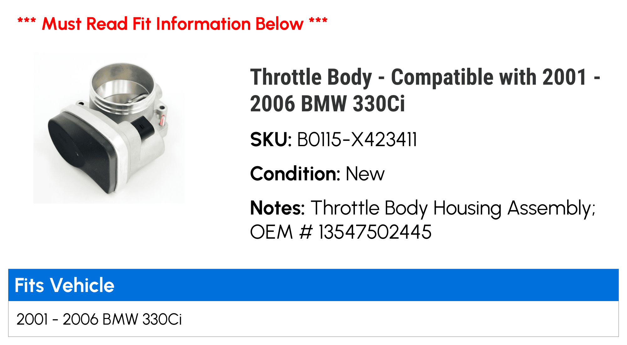 Throttle Body - Compatible with 2001 - 2006 BMW 330Ci 2002 2003 2004 2005