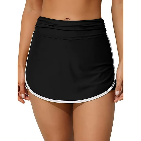 Attraco Women Swim Skirt Shirred Contrast Trim Swimming Skort V Slit Sporty Swim Bottom with Built-in Short