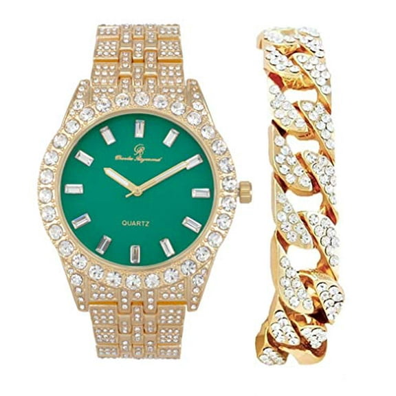 Charles Raymond Mens Blinged out Wristwatch w/Iced Rolly Hip Hop Bracelet - Big Rhinestones and Elegant Baguette Time Indicators on Dial - Master Bling Designer - ST10226B (Gold Bright Green)