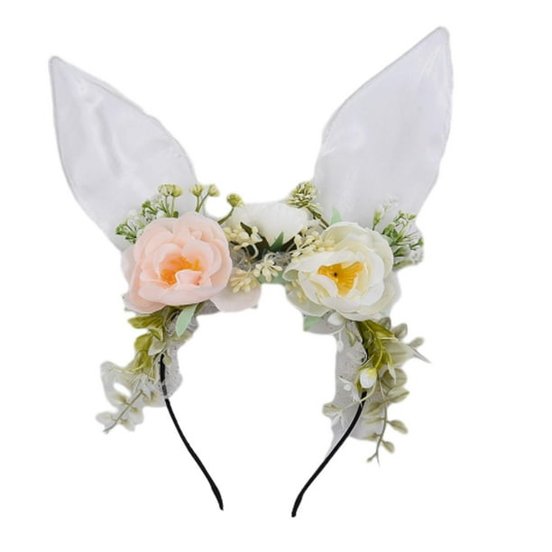 Diadema con orejas de conejo y flores artificiales para fiestas. Blanco