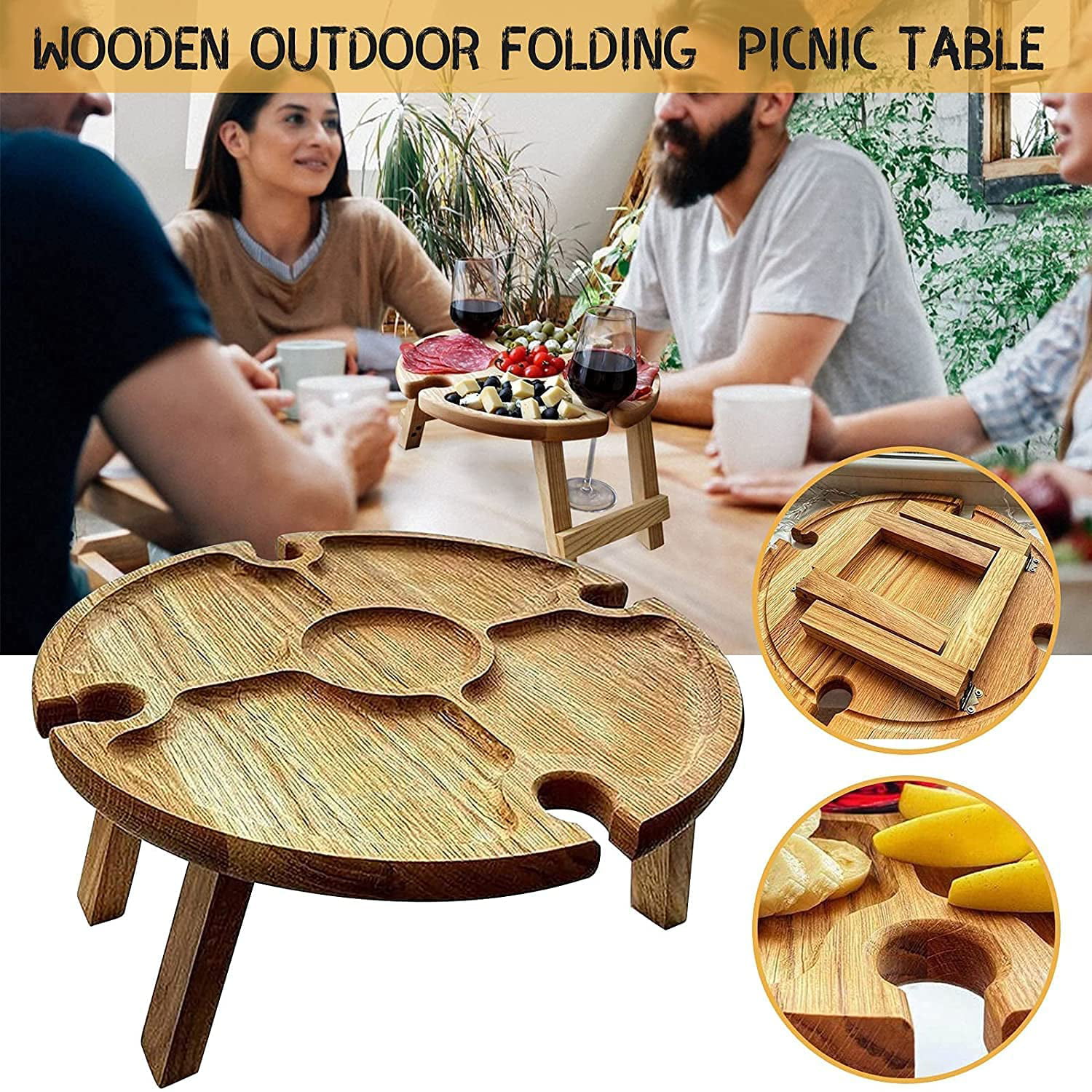 Portable Wooden Small Picnic Desk Outdoor Wine Table Folding Picnic Table Round Wine Glass Rack Cheese Holder Tray for Camping 