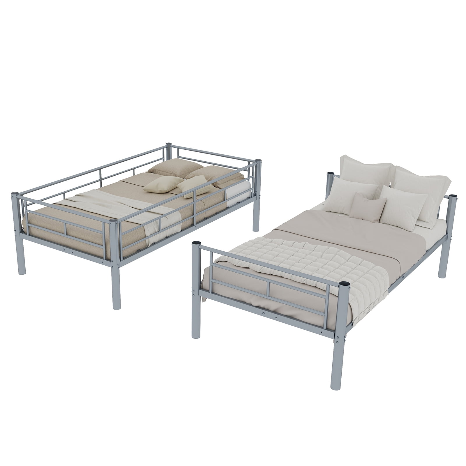 Twin Over Twin Metal Bunk Bed for Kids, Rust-Resistant Powder-Coated Steel Frame with Full-Length Safety Guardrail & Wide Step Ladder, Converts to Two Beds, Silver