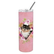 Carolines Treasures CK4225TBL20 20 oz Longhaired Chihuahua Pink Flowers Double Walled Stainless Steel Skinny Tumbler