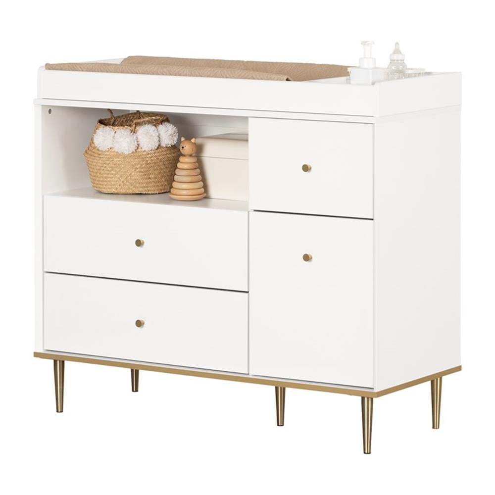 South Shore Dylane, Mid-century Glam Changing Table with Drawers and Open Storage, Pure White