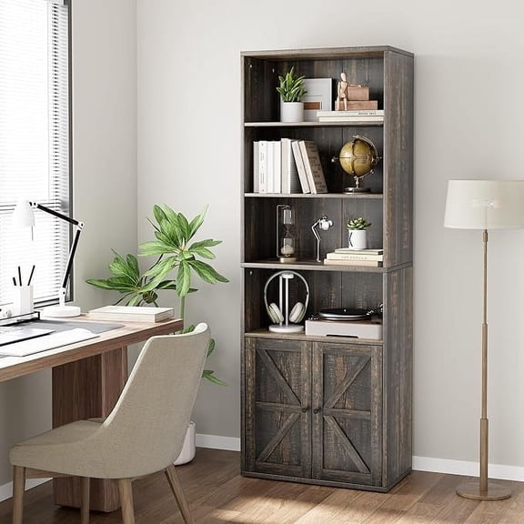 EastVita Bookcase with Doors,Industrial Bookshelf,6 Shelf Display Storage Shelves,Farmhouse Book Shelves for Bedroom,Living Room,Home Office,Dark Oak