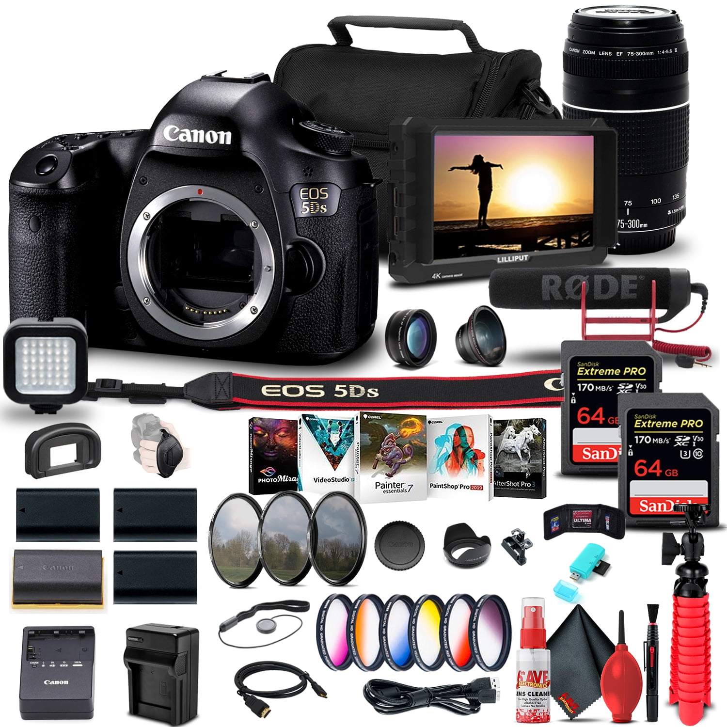 Canon EOS 5DS DSLR Camera Body Only 0581C002 Canon EF 75-300mm F4-5.6 III Lens 6473A003 4K Monitor Pro Mic 2 x 64GB Memory Card Color Filter Kit Filter Kit International Model