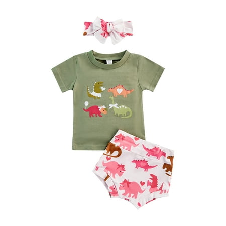 

TheFound 3pcs Infant Baby Girls Clothes Cartoon Dinosaur Printed Short Sleeve T Shirts+Shorts Headband Sets