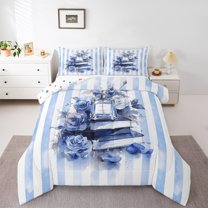 Manfei Dream Blue Perfume Flower Bedding Comforter Set,Watercolor Splash Ink Twin Comforter Sets,Geometric Stripes Lines Bedding Set For Kids,Breathable Home Decor Reversible,2 Pieces