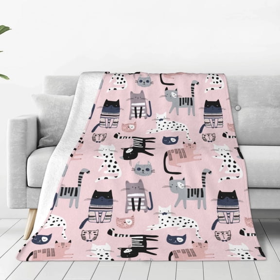 Fleece Throw Blanket Cat Print Reversible Plush Fluffy Large Big Blanket for Sofa Couch Bed-40"x30"