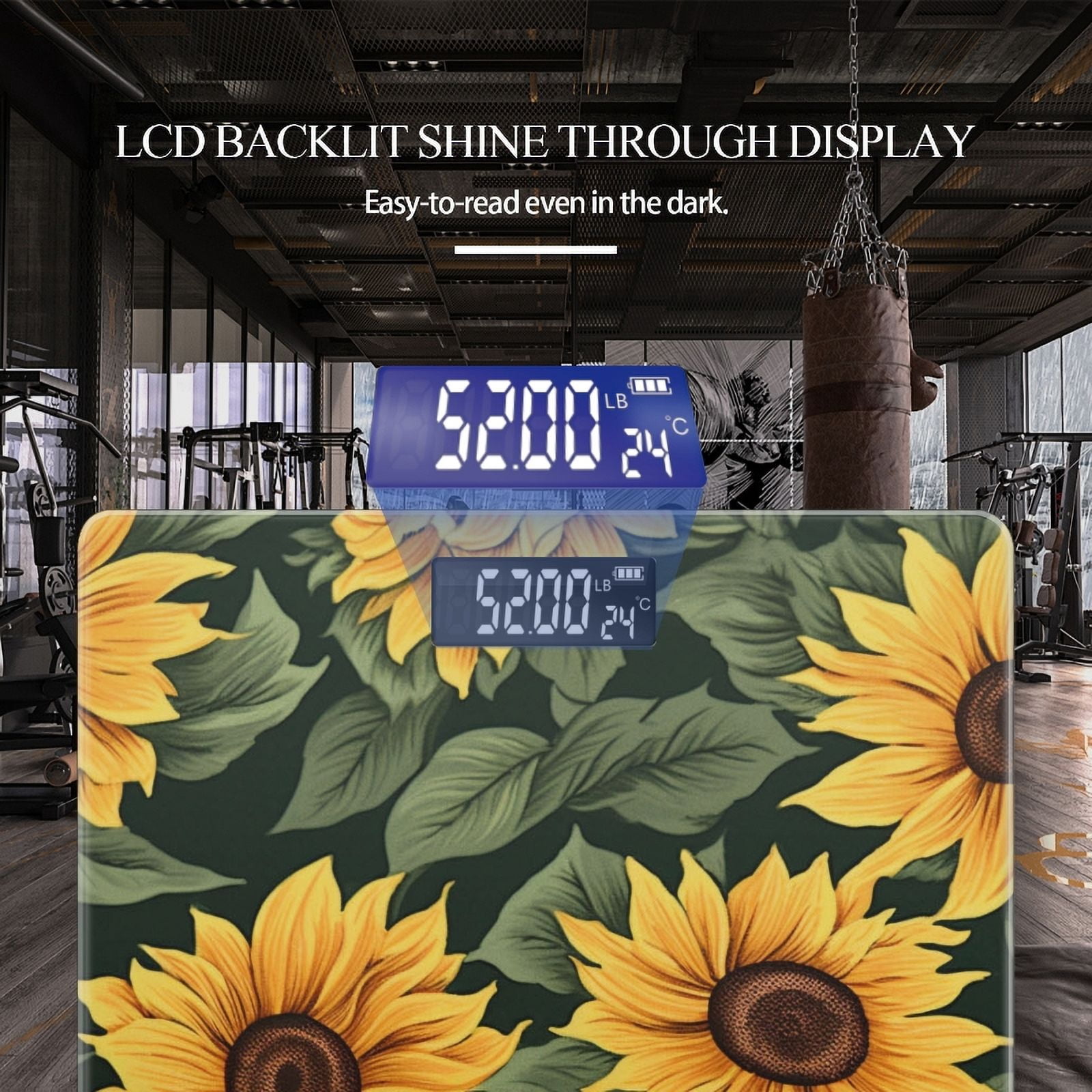 Bathroom Scale, Highly Accurate Digital Body Scale,Precisely Measures Weight up to 400 lbs-Sunflowers With Dark Green Leaves On The Background
