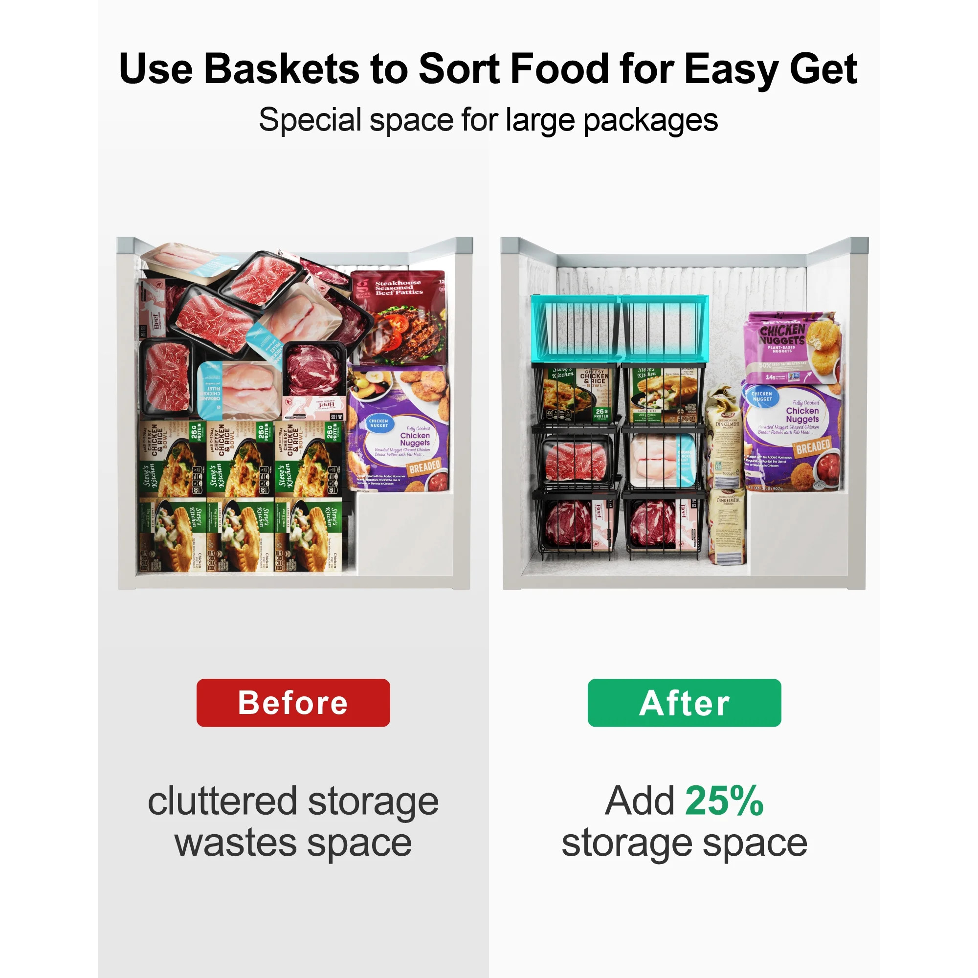 TEAFIRST 4 Pcs Stackable Freezer Baskets, Organizer Bins with Handle for 7 Cu.FT Chest Freezer Black