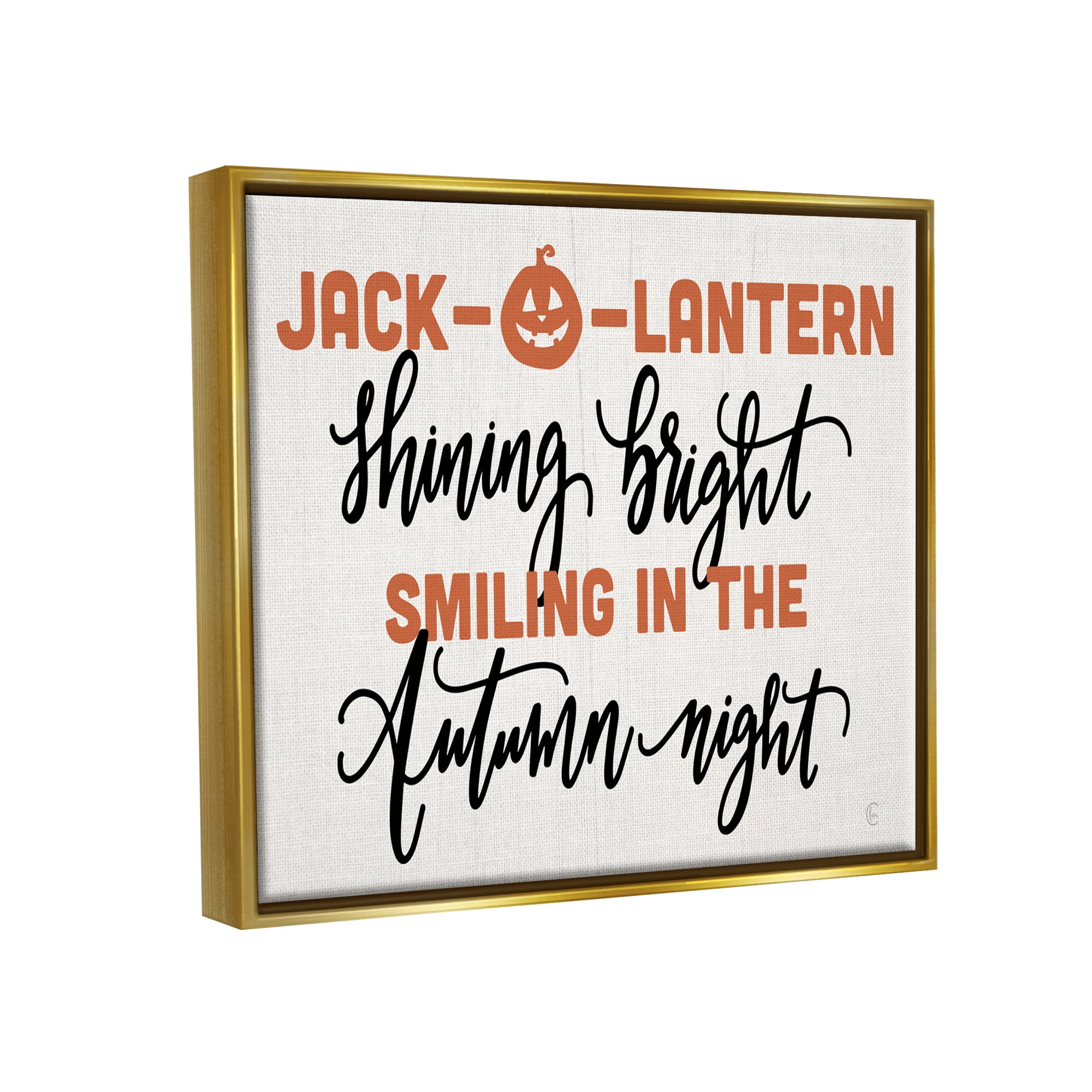 Stupell Industries Autumn Jack-o-Lantern Phrase Holiday Painting Gold Floater Framed Art Print Wall Art, 21 x 17