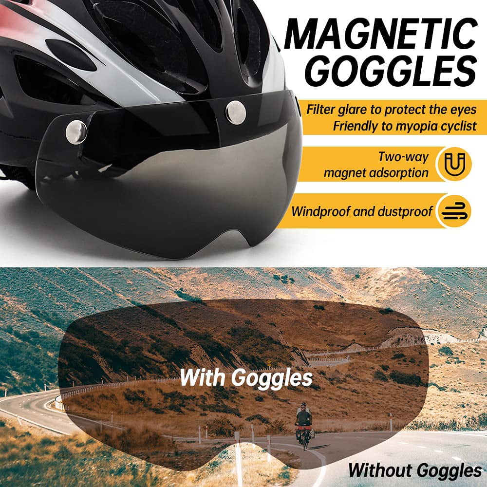 Adult Bike Helmet Bicycle Helmets for Adults Men Women Adjustable Cycling Helmets with USB Rechargeable Rear Light & Detachable Magnetic Goggles & 3 in 1 Panel for Mountain & Road Biking Cycle Helmet 