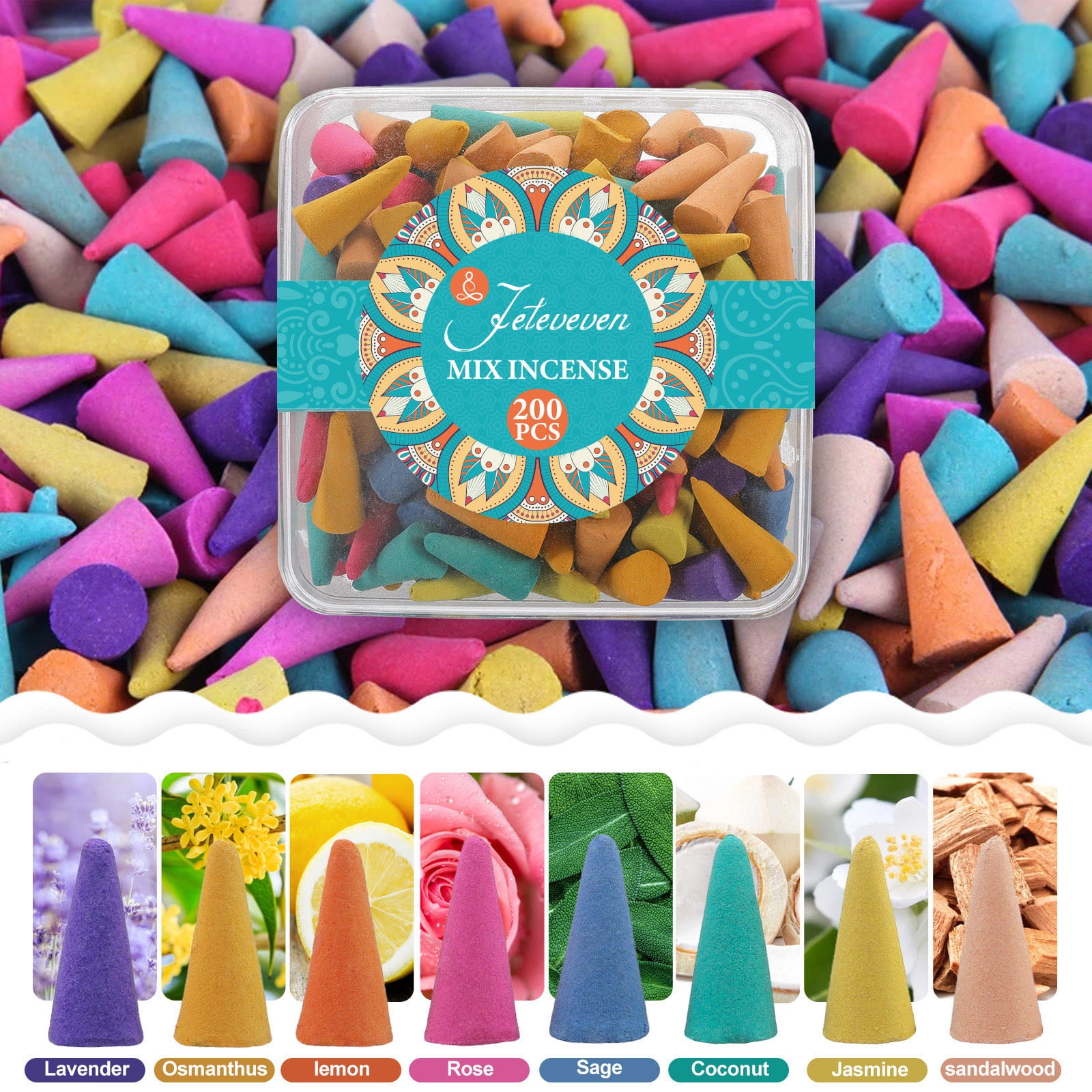 BSHAPPLUS 200PCS Traditional Incense Cones,Incense Cones Assorted,Incense Holder Cones,Incense Burner Cones,Solid Bullet Cone Mixed 8 Flavors Lavender Rose Jasmine Osmanthus Sage Sandalwood