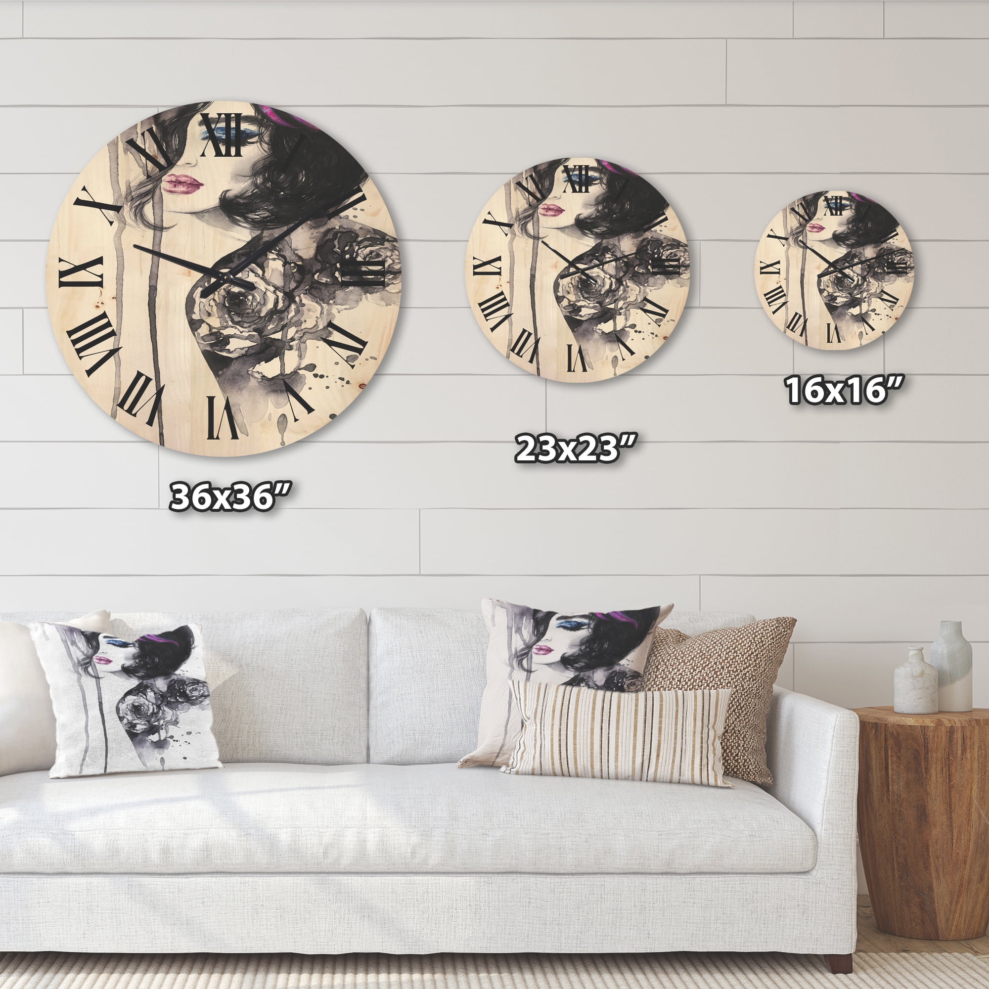 Designart 'Monochrome Female Portrait With Colorful Makeup' Modern Wood Wall Clock