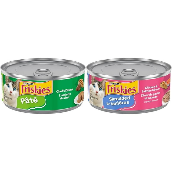 Friskies Chef's Dinner Wet Cat Food, Pate - 156 g Can (24 Pack) & Shredded Wet Cat Food, Chicken & Salmon Dinner - 156 g Can (24 Pack)