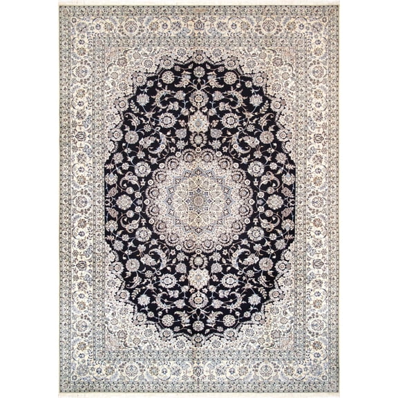 Pasargad Home 103" x 145" Hand-Knotted Silk & Wool Area Rug in Navy/Ivory