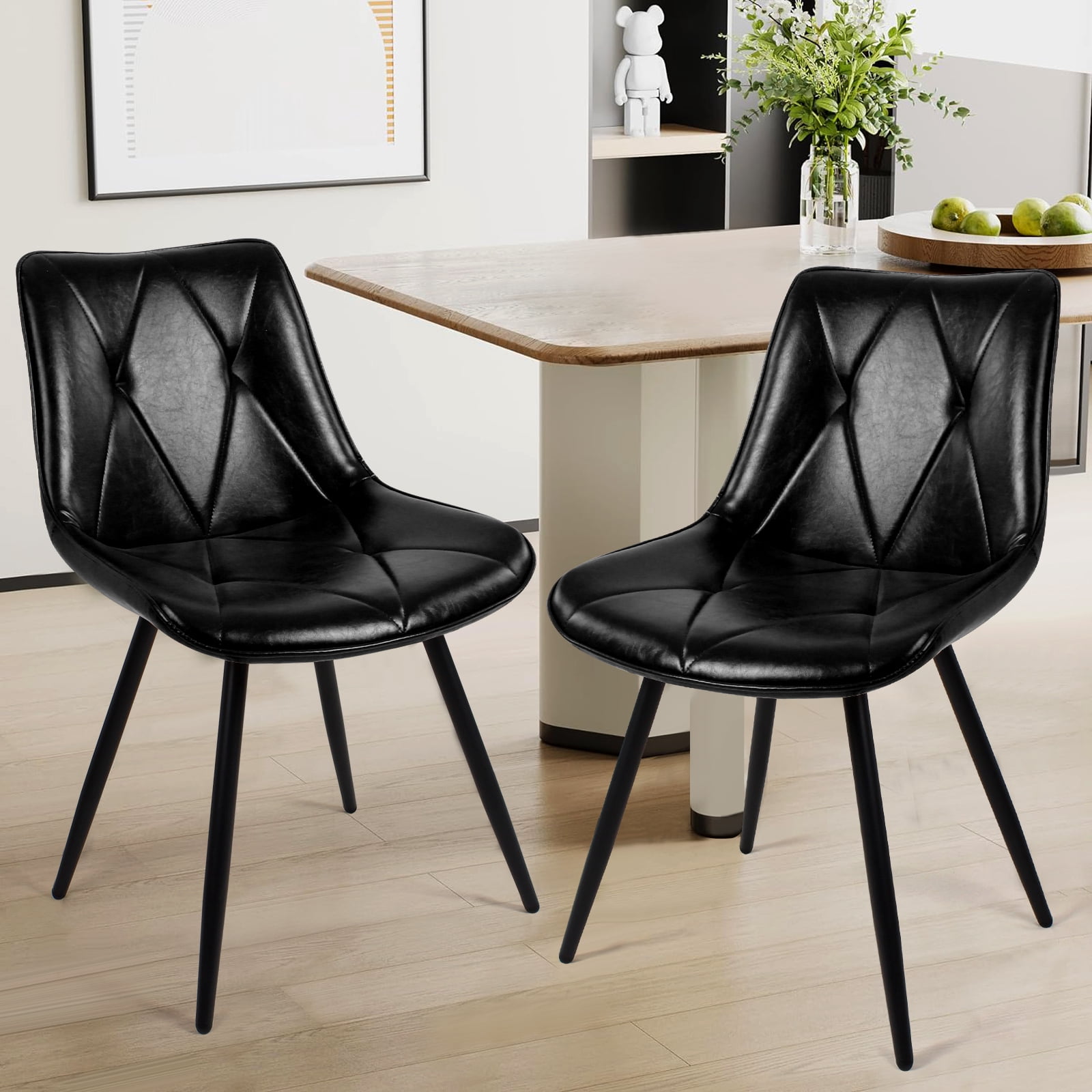Set of 2 Black Faux Leather Dining Chairs, Ergonomic Backrest with Thick Foam Cushion, Metal Legs & FSC Frame, Waterproof Easy-Clean PU Leather, Hold Up to 300 lbs