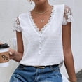 thumbnail image 3 of Blusa con cuello en V para mujer, ribete de encaje, manga corta, botón frontal, Top de punto Jacquard para verano, blanco S, 3 of 8