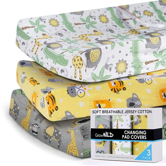 GROW WILD Changing Pad Cover 3 Pack | Soft & Stretchy Jersey Cotton | Baby Changing Table Pad Cover | Diaper Changing Pad Covers for Girls or Boys | Wipeable Sheets | Grey White Yellow Safari Animals