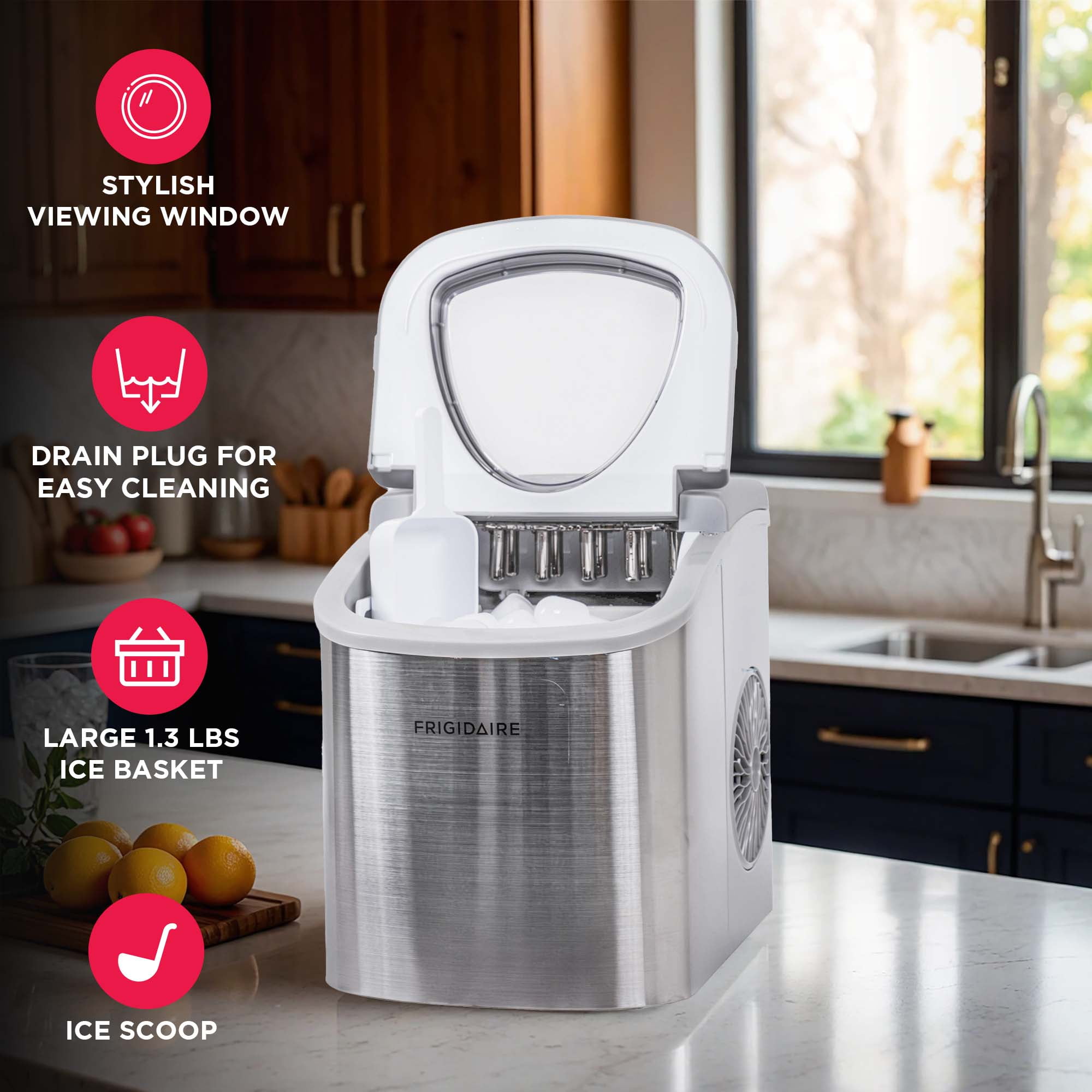 Frigidaire 26 lb Bullet Ice Maker Stainless Steel - compact, high-capacity icemaker producing bullet-shaped ice ideal for kitchens, parties, and entertaining