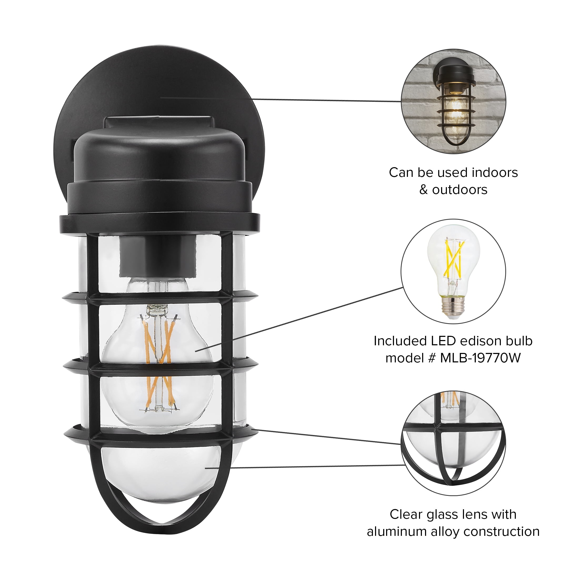 Maxxima LED Cage Light Wall Lantern - Outdoor Porch Light w/ A19 Edison Bulb, 800 Lumens, 2700K Soft White, Dimmable, Decorative Fixture with Modern Mount for Front Door, Garage, and Indoor Lighting