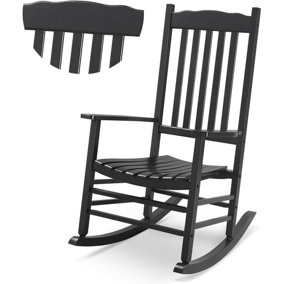 WgoodW Outdoor Rocking Chair, Solid Wood High Back Rocker, All Weather Lounge Chair for Porch Patio Fire Pit Garden Backyard Deck Indoor, Wave Shape, Black