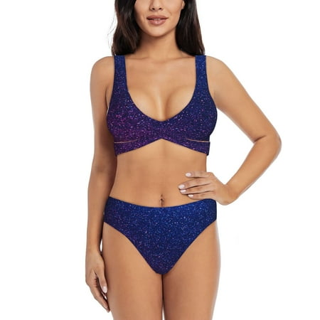 Zeuib Neon Glitter High Waisted Tummy Control Bikini Set - Knot Front Push Up Top & Cheeky Thong Bottom  Two-Piece Swimsuit for Women-Large