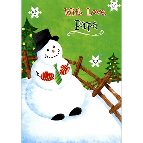 Designer Greetings Snowman with Mittens Near Fence and Smiley Faced Snowflakes Juvenile Christmas Card for Papa