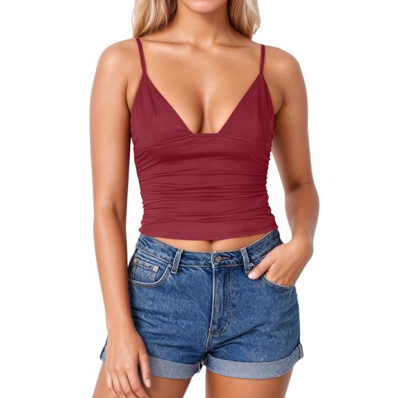 Wang6 Ribbed Cropped Camisole Tops for Women Sleeveless Deep V Neck Spaghetti Strap Cami Tops Tshirts Causal Slim Summer Tops Tees Red S