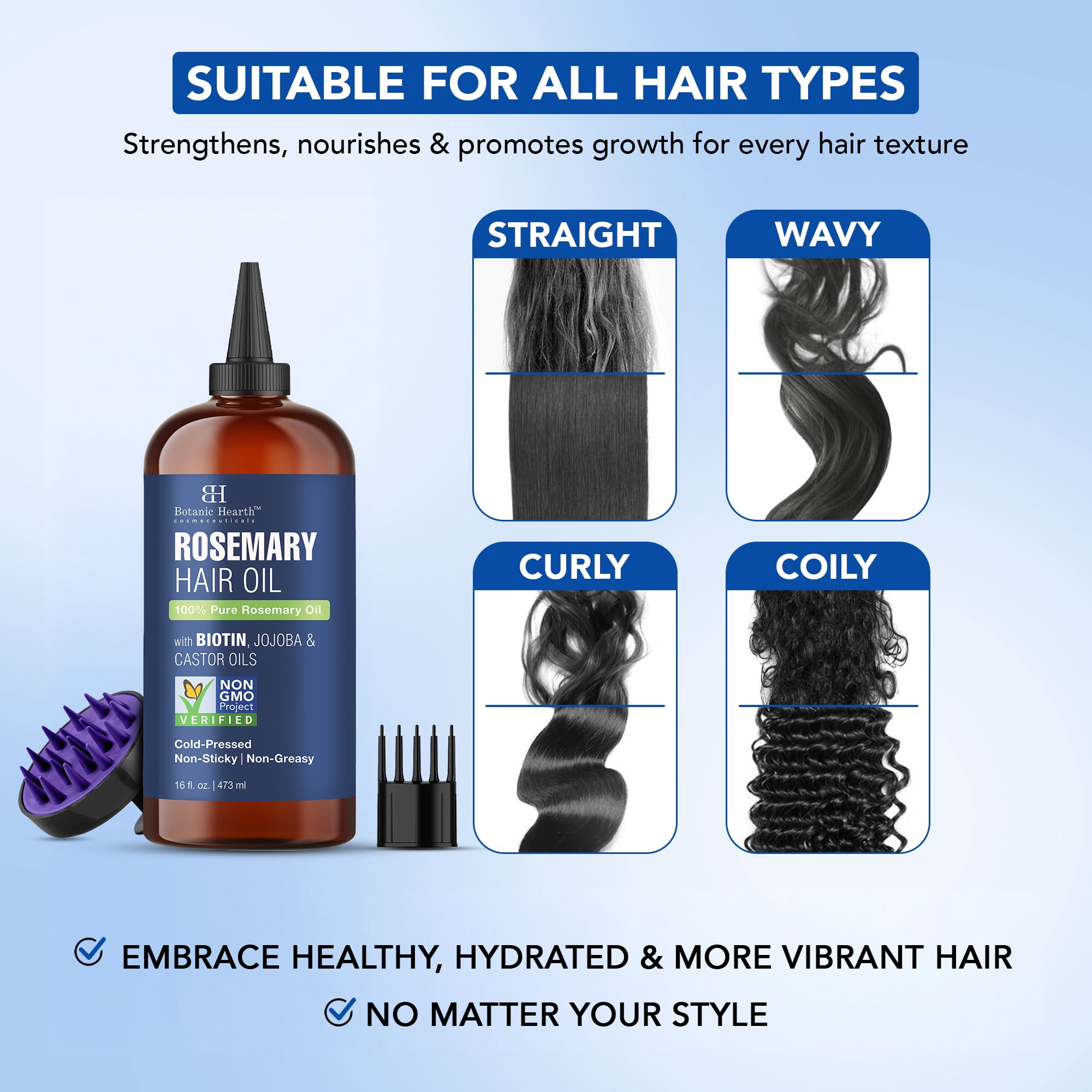 Botanic Hearth Rosemary 16 fl oz HAIR OIL (Carrier oil PET bottle packging + Ambered colour + inner plug + nozzle + combo applicator + With Scalp Massager +Shrink Sleeve without monocarton