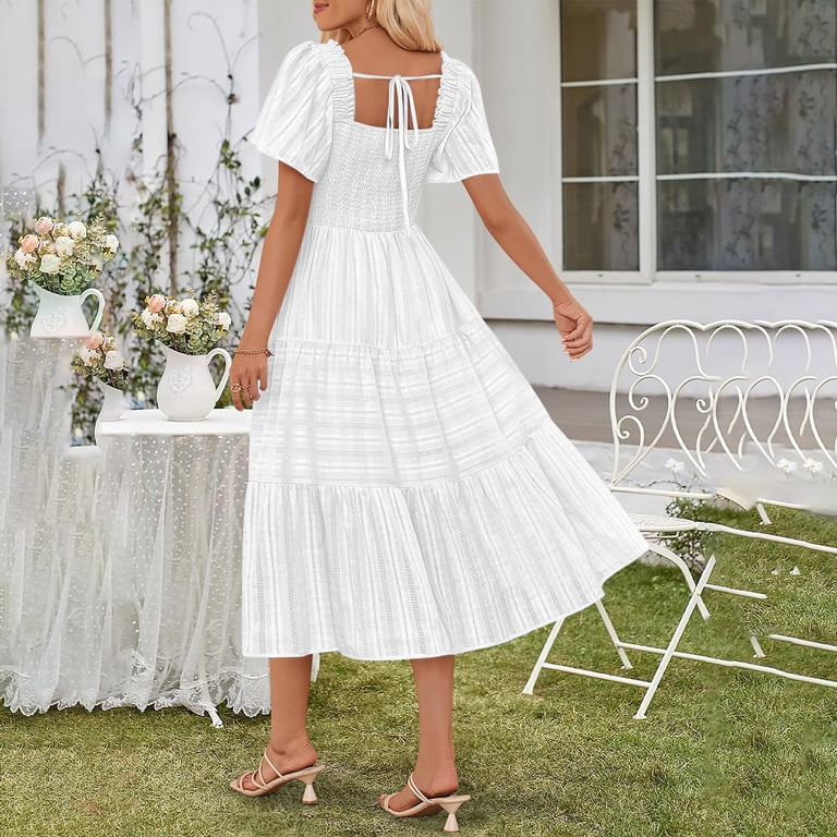 princess polly baby blue dress Efsteb Womens Short Sleeve Dress Casual Square Neck Maxi Dress Tiered Ruffle  Boho Dresses with Pockets （White，M）
