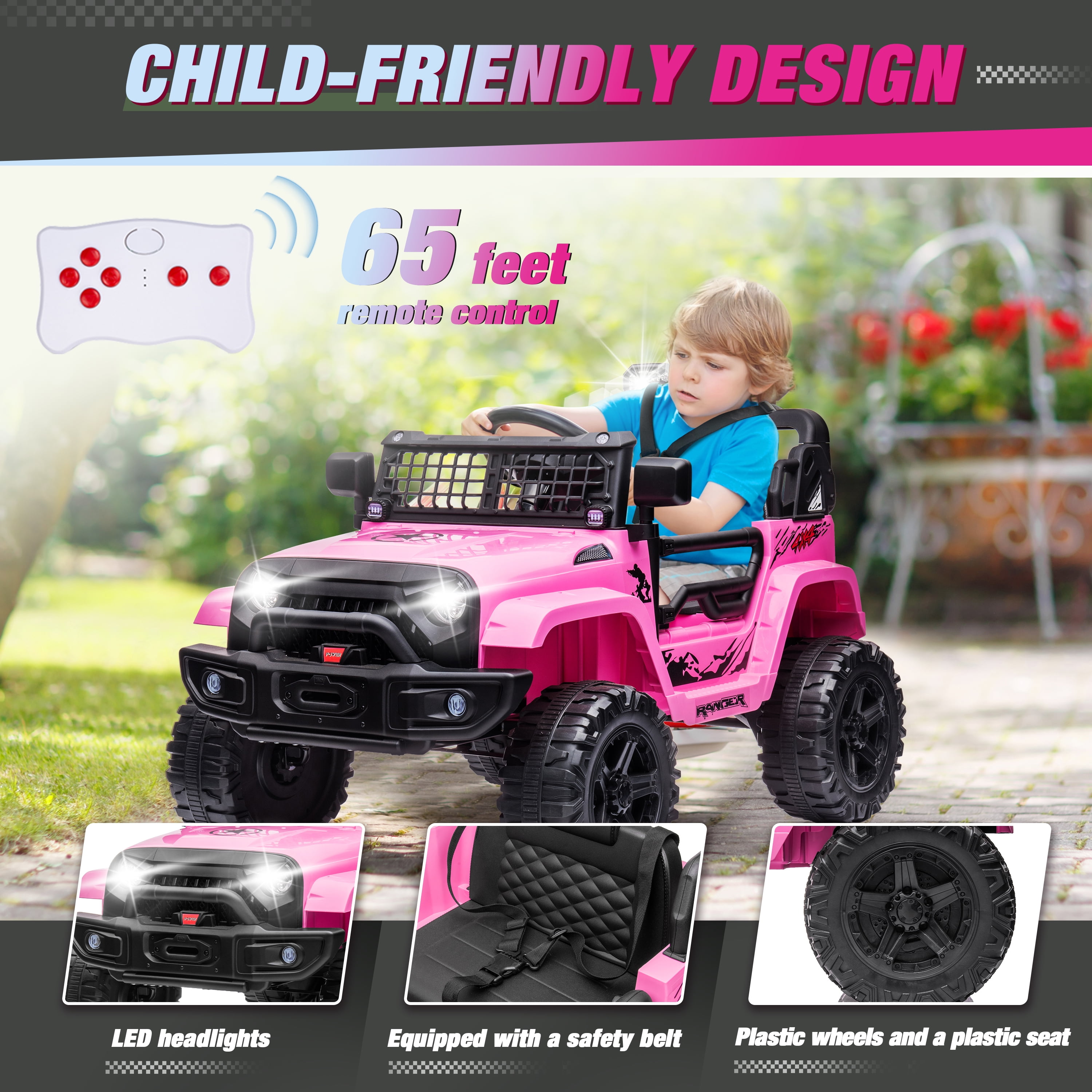 Clovercat 12V Ride On Toys Jeep Car for Kids, Toy Truck, with Parent Remote Control, LED Lights, Bluetooth Music and Spring Suspension, Black