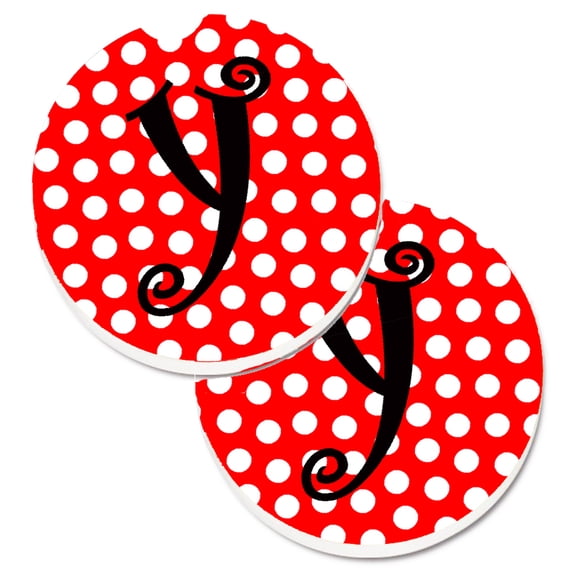 Carolines Treasures CJ1012-YCARC Monogram - Initial Y Red Black Polka Dots Set of 2 Cup Holder Car Coasters Large