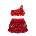 thumbnail image 4 of CHICTRY Kids Girls Sequin Metallic Jazz Modern Latin Dance Crop Top with Skirt Hair Band Set Red 14, 4 of 7