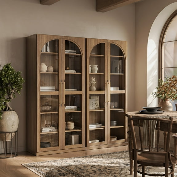 BELLEZE 67" Storage Cabinet Set of 2, 6 Shelf Glass Bookshelf Display Cabinet, Modern Wood Wine Curio Cabinets with 4 Adjustable Shelves, Trophy Display Case for Living Room, Wine, Camel