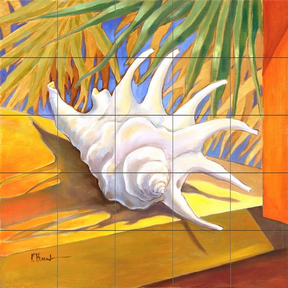 Tile Mural Bathroom Backsplash - White Conch - by Paul Brent