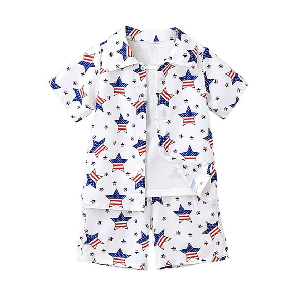 Povozer Boy Beach Outfits Set Summer Short Sleeve Button Shirt Shorts Clothes(White,4-5Y)