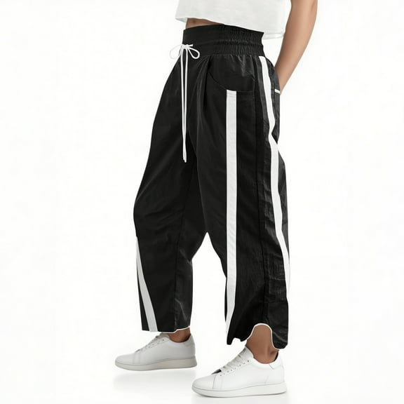Women's Baggy Wide Leg Pants Casual Drawstring Elastic Waisted Contrast Color Workout Y2K Track Pants Black L
