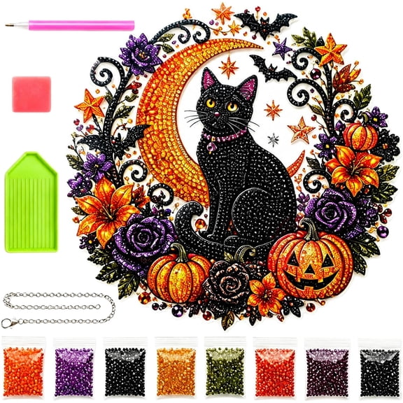 Large Size Halloween Black Cat Moon Diamond Art Hanging Ornament Kit๏ผA | Double-Sided Diamond Painting Suncatcher with Faceted Rhinestones, DIY Hanging Pendant Halloween Window Decor