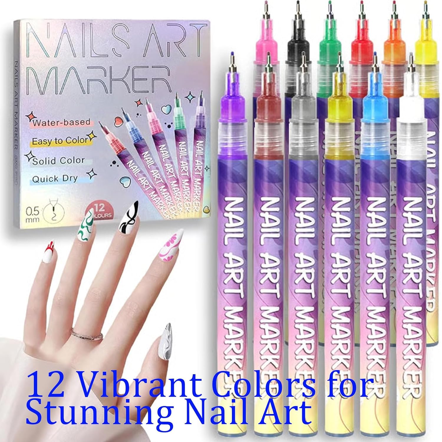 Waterproof Nail Art Pen Set with 12 Colors - Create Salon-Worthy 3D Nail Art at Home Using 0.5mm Fine Tip Markers, Quick-Drying Formula for Professional DIY Nail Designs (1pc), Easy to Use
